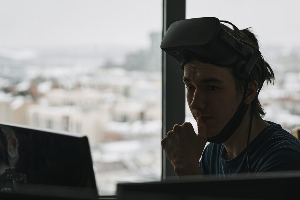 A person wearing an Apple Vision Pro headset