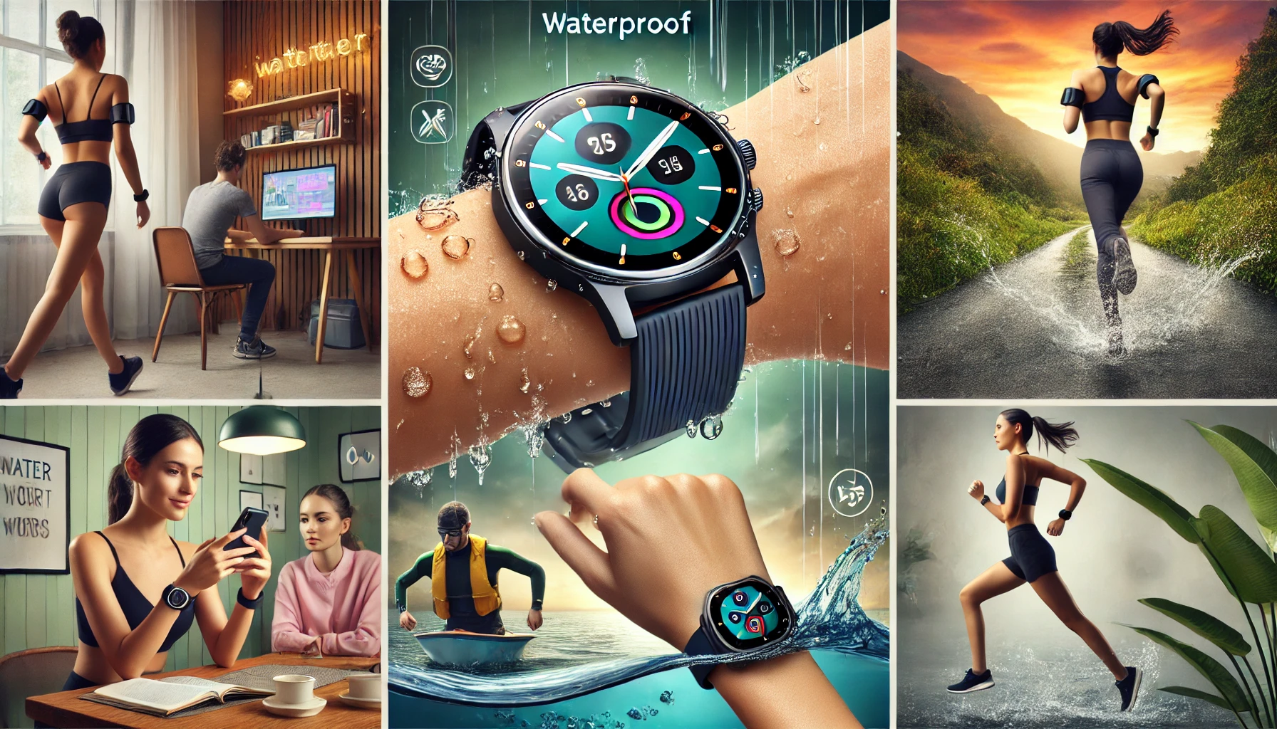 waterproof smartwatch being worn by a woman in different active settings, such as swimming, jogging in the rain, and checking notifications