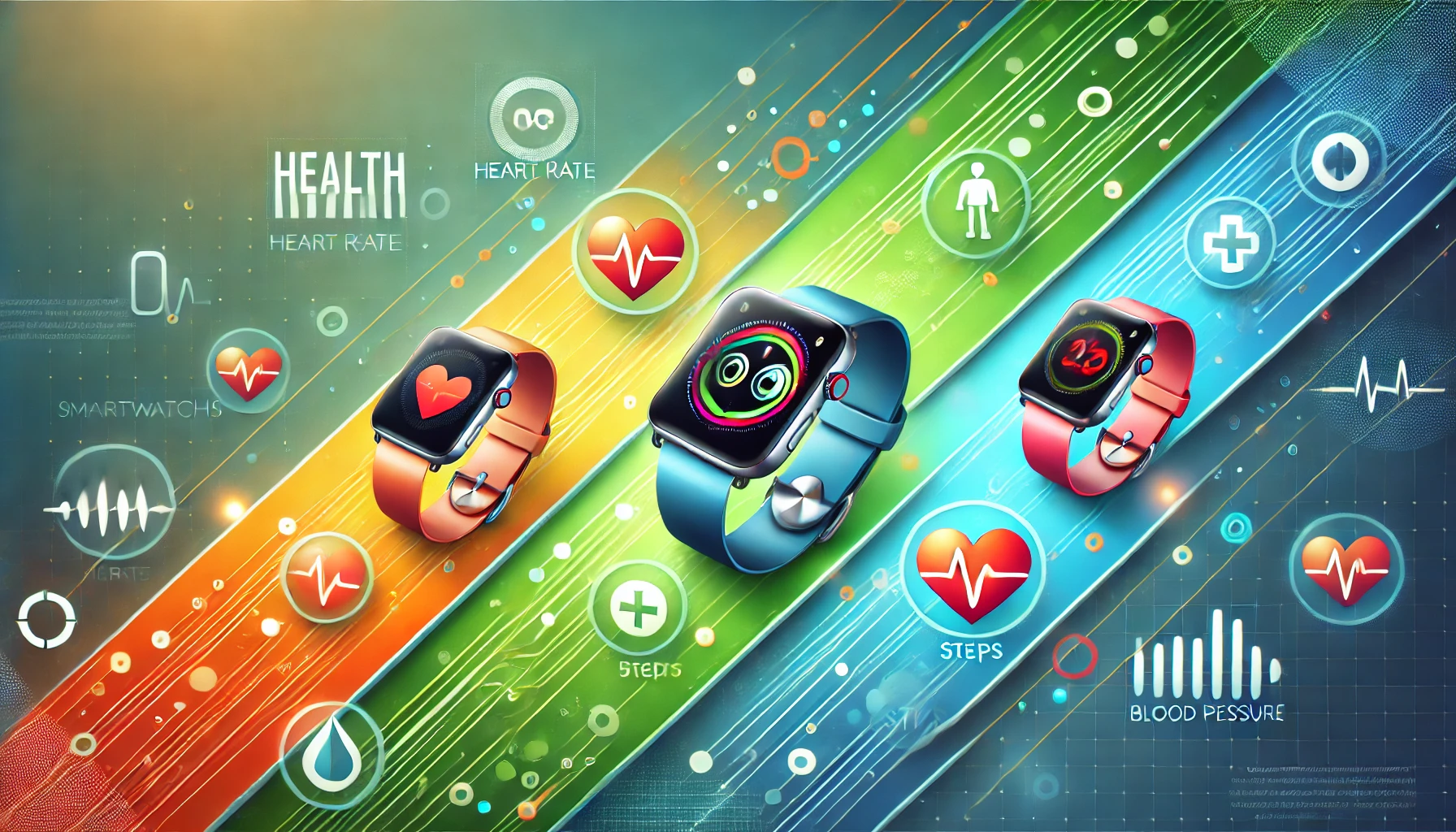 Featuring multiple smartwatches, highlighting their health tracking features like heart rate, blood pressure, and steps