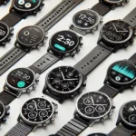 Multiple smartwatches arranged in a row, showcasing various designs and features