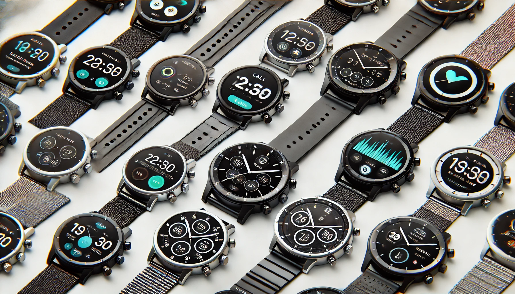 Multiple smartwatches arranged in a row, showcasing various designs and features