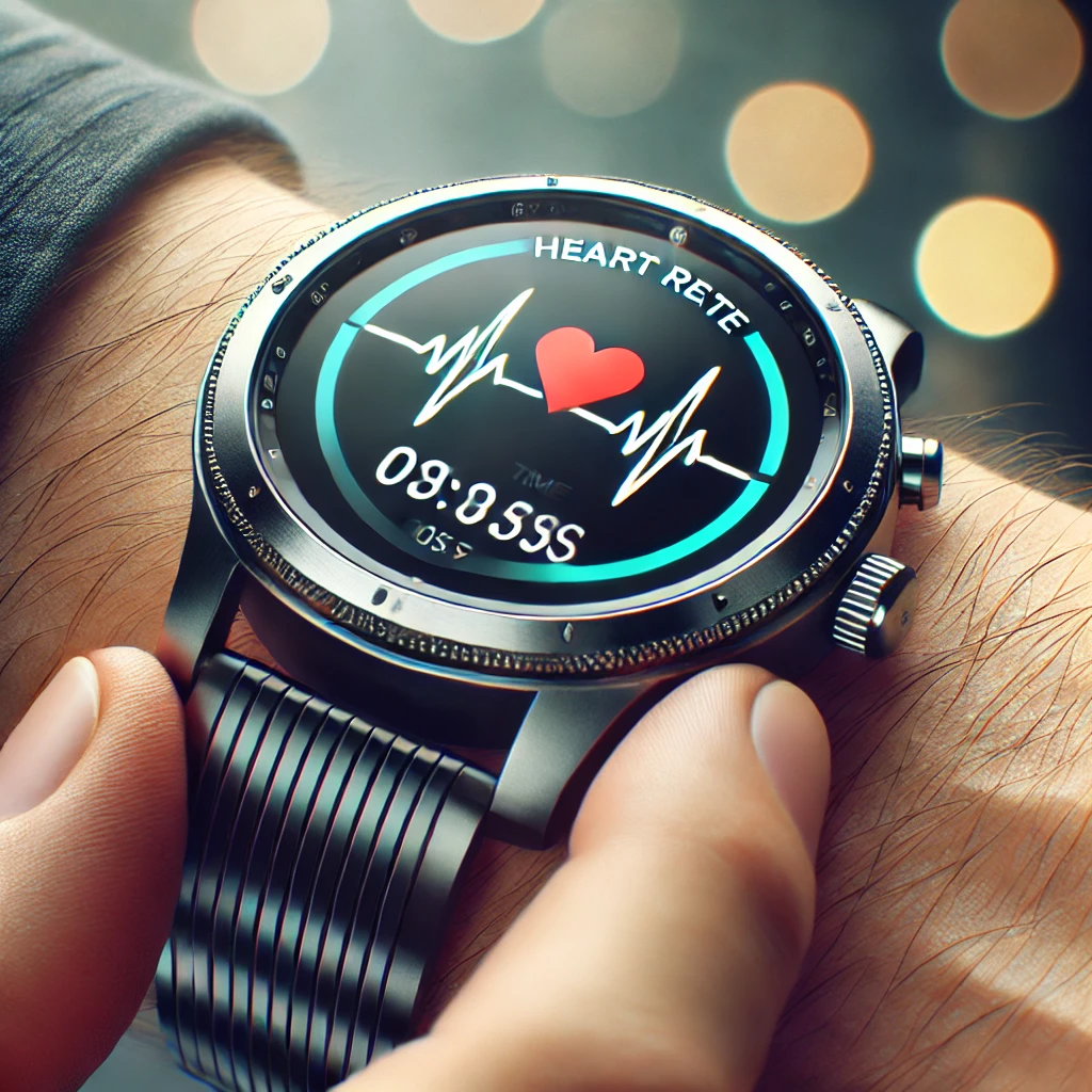 Close-up shot of a smartwatch with a heart rate sensor in action