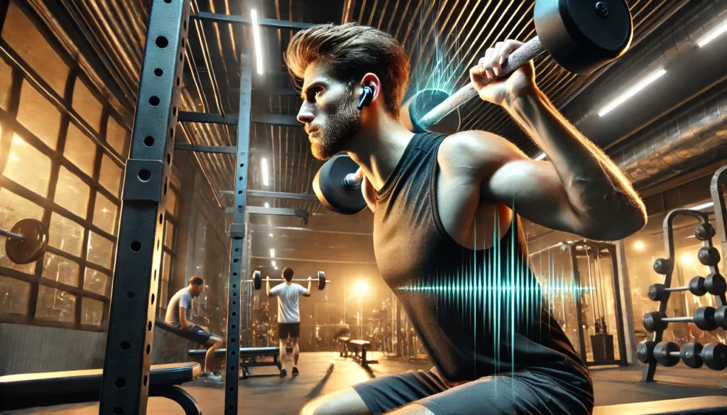 Person working out in a modern gym while wearing truly wireless earbuds